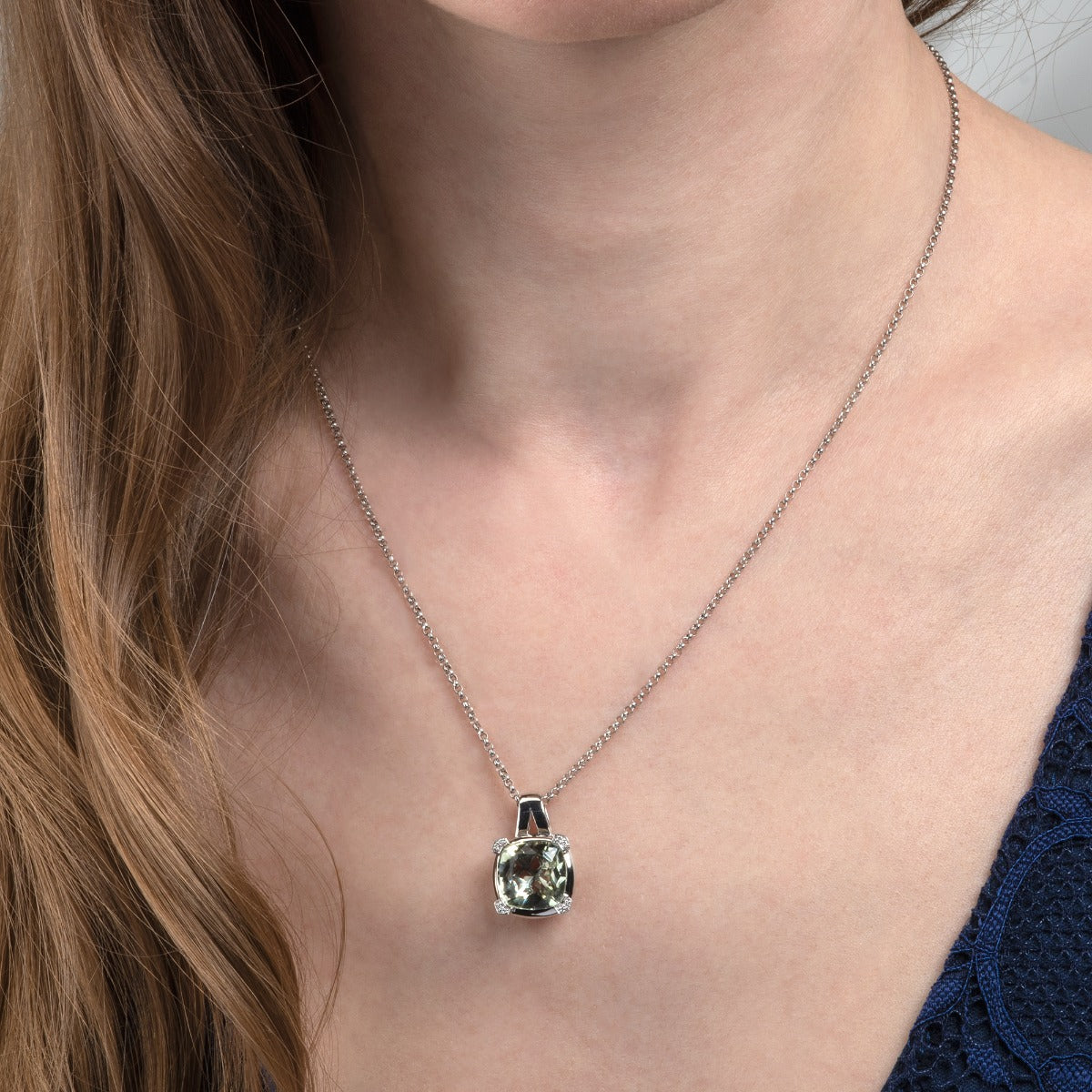 6ct Green Amethyst Pendant Necklace in 18K White Gold