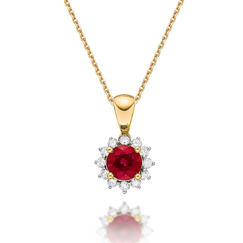 Ruby Pendant Necklace with 0.17ct Diamonds 9K Yellow Gold