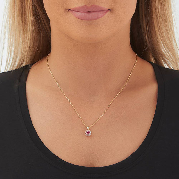 Ruby Pendant Necklace with 0.17ct Diamonds 9K Yellow Gold