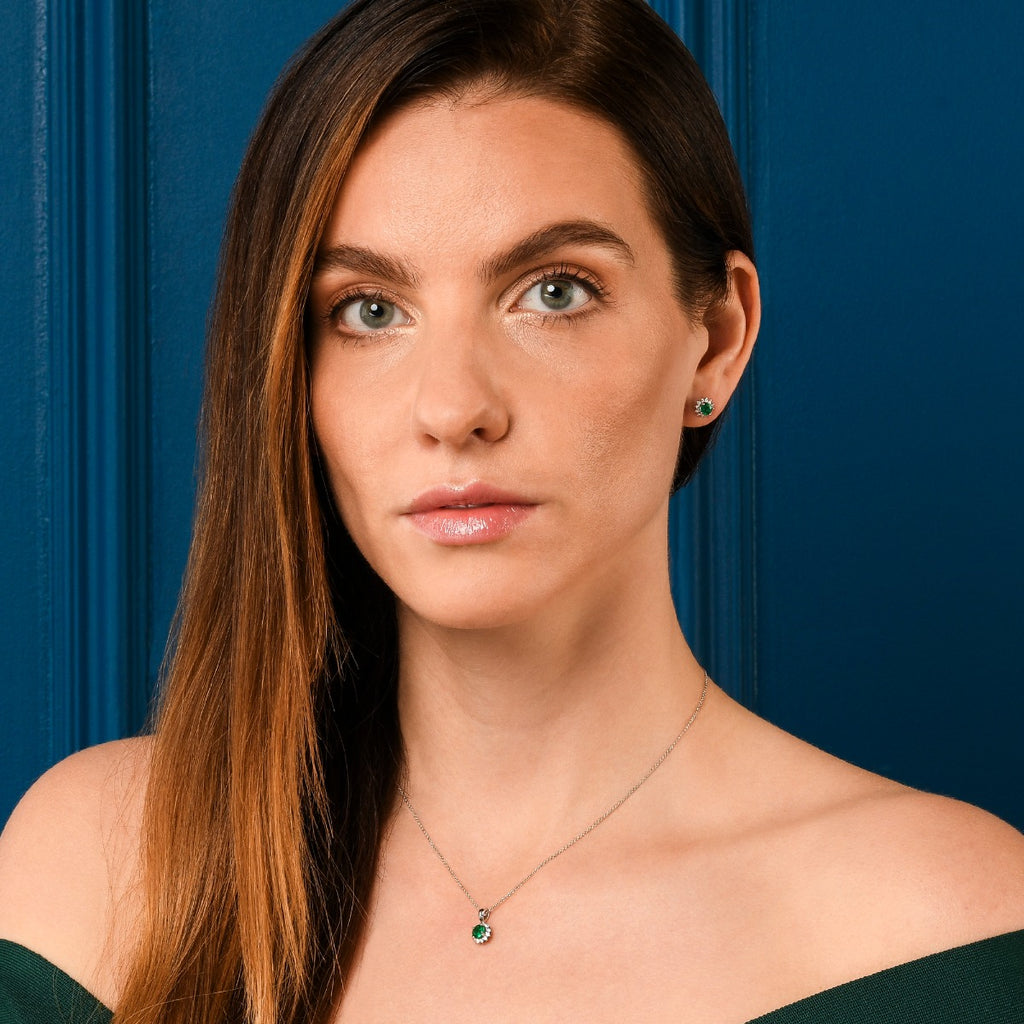 Emerald Pendant Necklace with 0.17ct Diamonds 9K White Gold