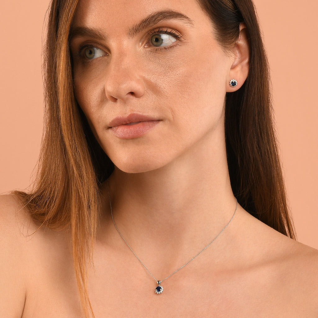 Sapphire Pendant Necklace with 0.17ct Diamonds 9K White Gold