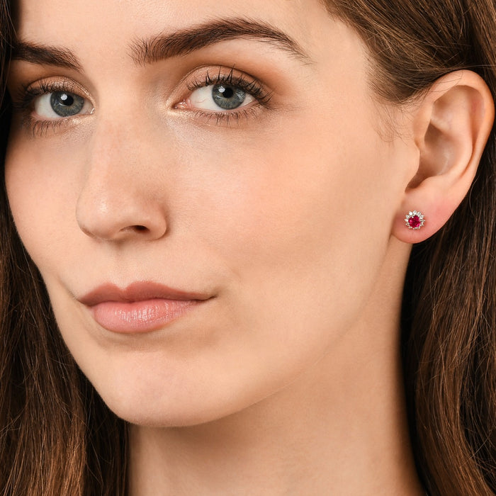 Round Ruby Stud Earrings with 0.24ct Diamond Halo 9K White Gold