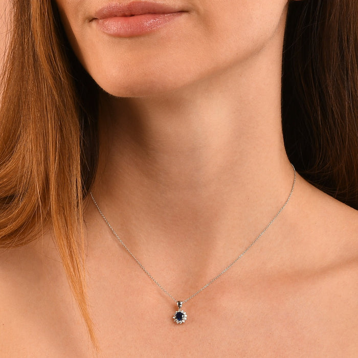 Sapphire Pendant Necklace with 0.17ct Diamonds 9K White Gold