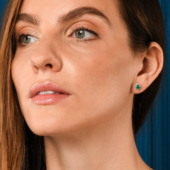 Round Emerald Stud Earrings with 0.24ct Diamond Halo 9K White Gold