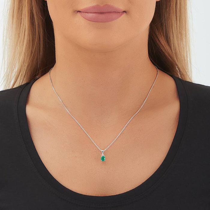 Emerald Pendant Necklace with 0.06ct Diamonds 9K White Gold