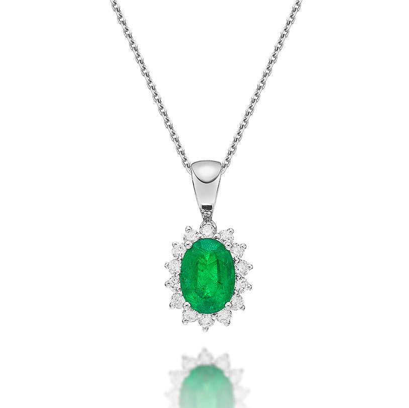 Emerald Pendant Necklace with 0.21ct Diamonds 18K White Gold