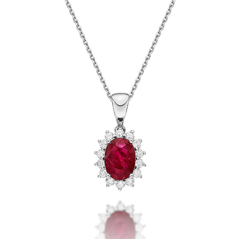 Ruby Pendant Necklace with 0.21ct Diamonds 18K White Gold