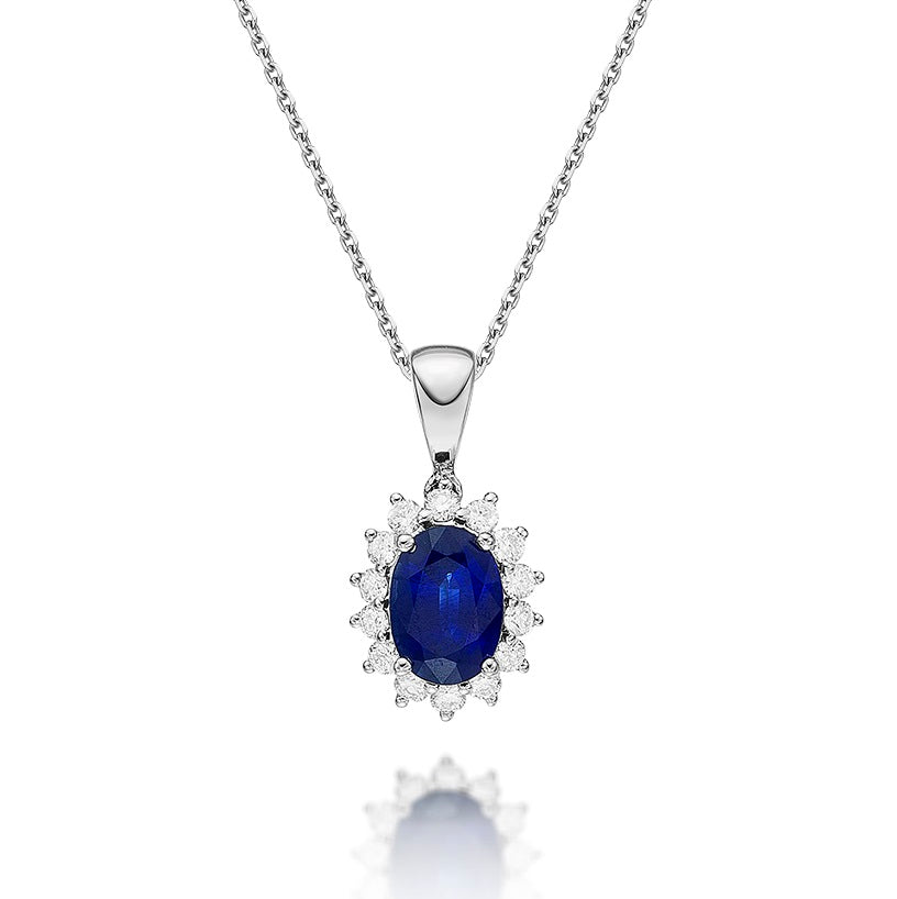 Sapphire Pendant Necklace with 0.21ct Diamonds 18K White Gold