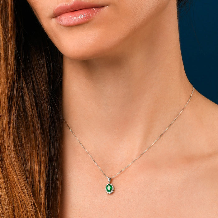 Emerald Pendant Necklace with 0.21ct Diamonds 18K White Gold