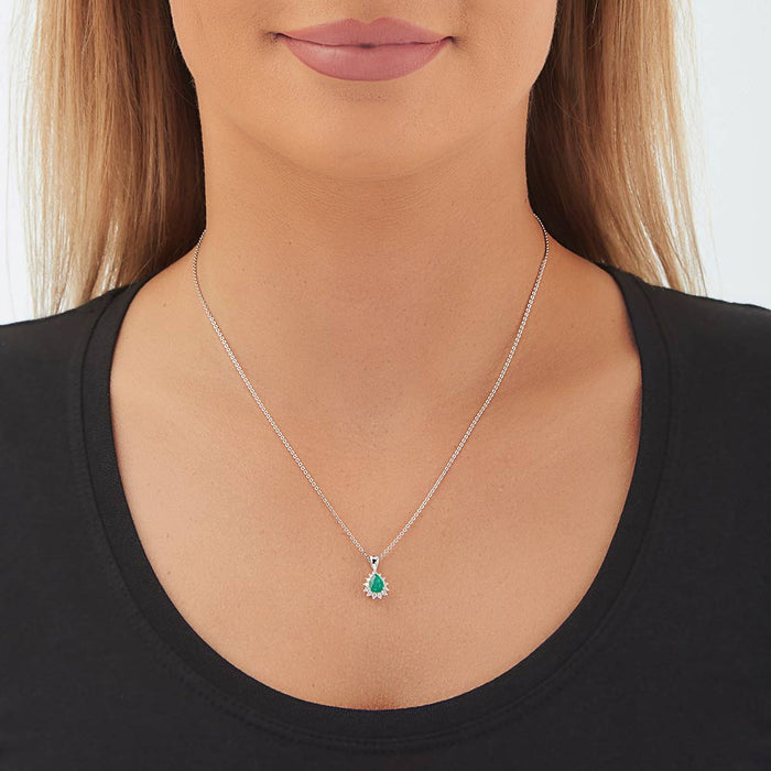 Emerald Pendant Necklace with 0.20ct Diamonds 18K White Gold
