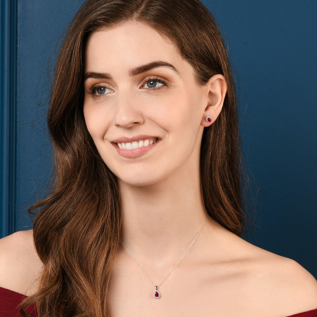 Pear Ruby Stud Earrings 0.25ct Diamond Halo 18K White Gold