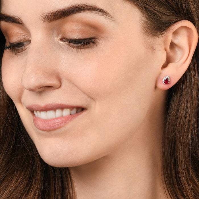 Pear Ruby Stud Earrings 0.25ct Diamond Halo 18K White Gold