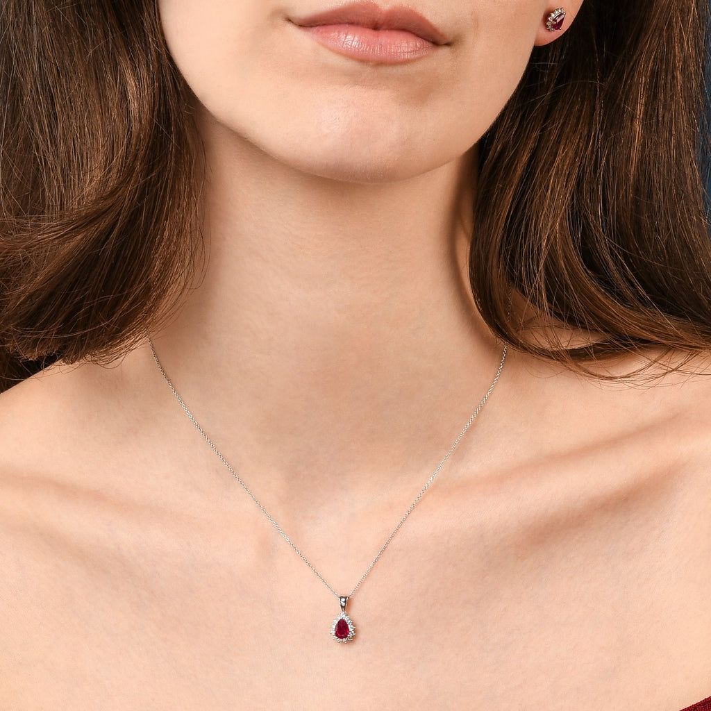 Ruby Pendant Necklace with 0.20ct Diamonds 18K White Gold