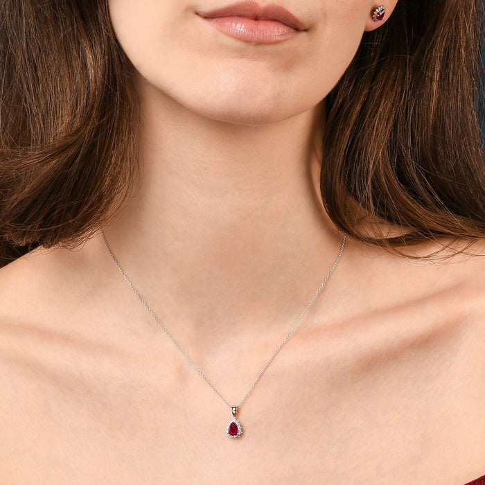 Ruby Pendant Necklace with 0.20ct Diamonds 18K White Gold