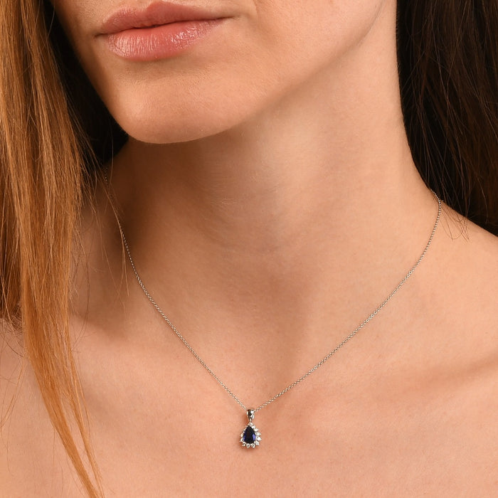 Sapphire Pendant Necklace with 0.20ct Diamonds 18K White Gold