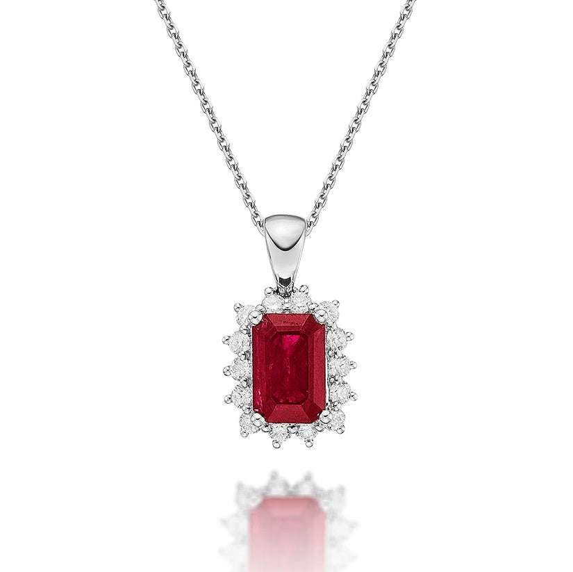 Ruby Pendant Necklace with 0.22ct Diamonds 18K White Gold