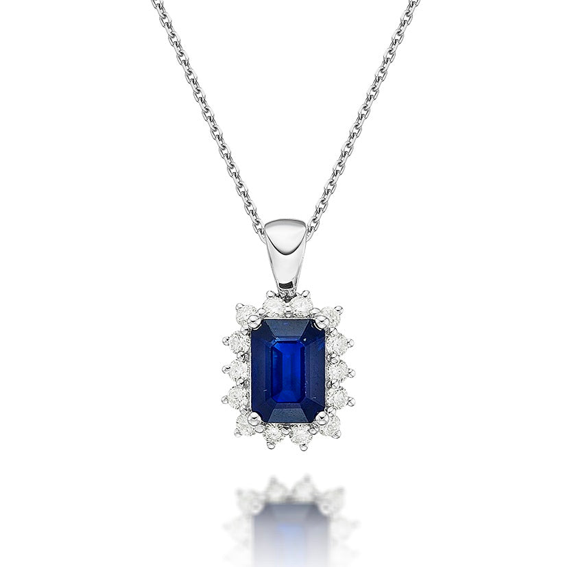 Sapphire Pendant Necklace with 0.22ct Diamonds 18K White Gold