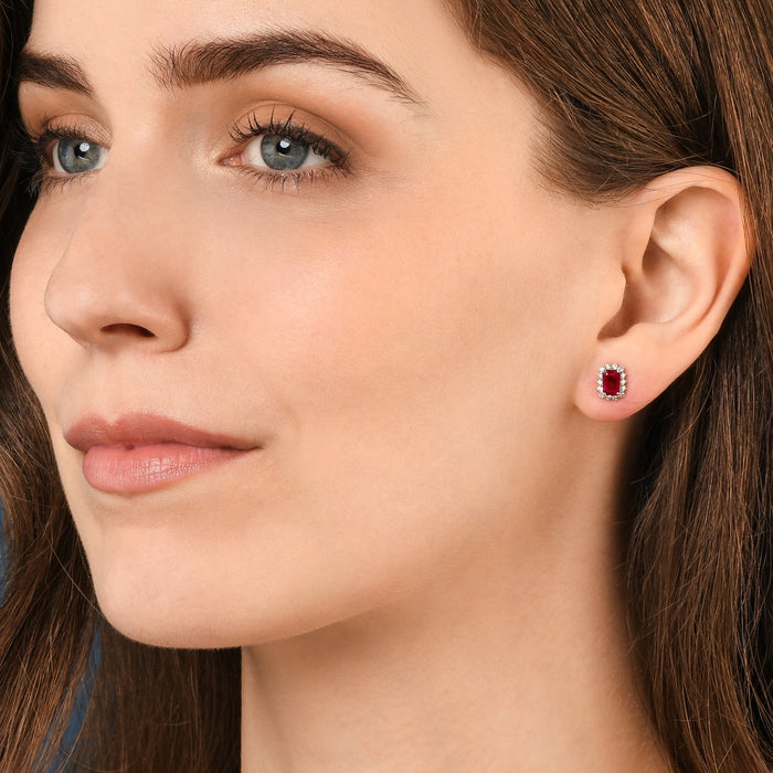 Octagon Ruby Stud Earrings with 0.28ct Diamond Halo 18K White Gold