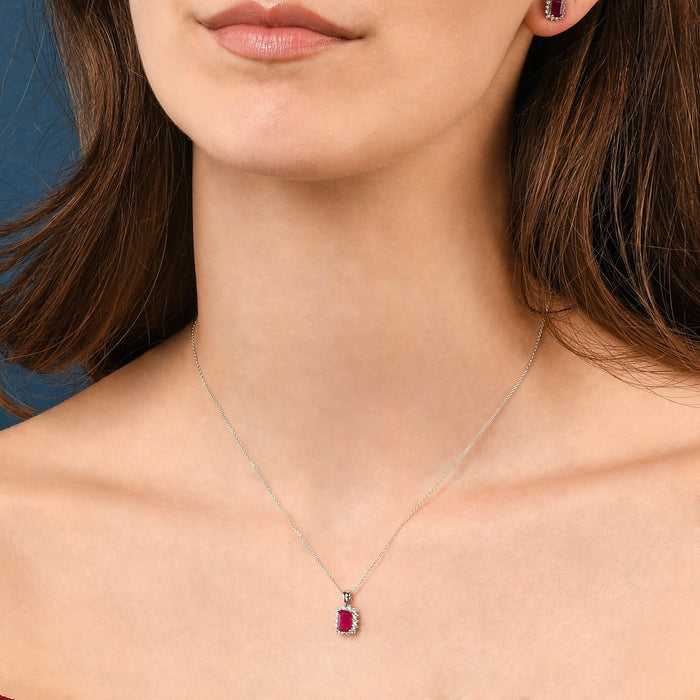 Ruby Pendant Necklace with 0.22ct Diamonds 18K White Gold