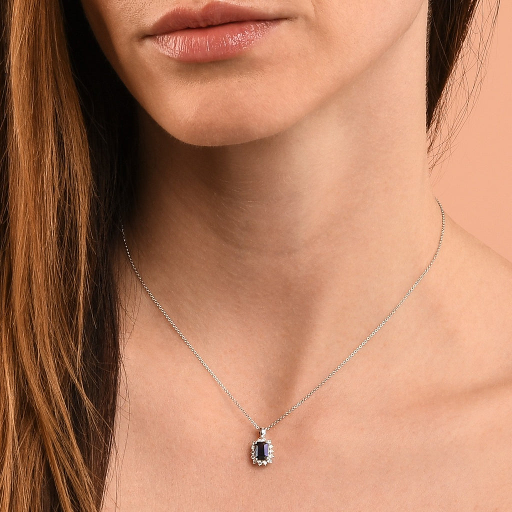 Sapphire Pendant Necklace with 0.22ct Diamonds 18K White Gold