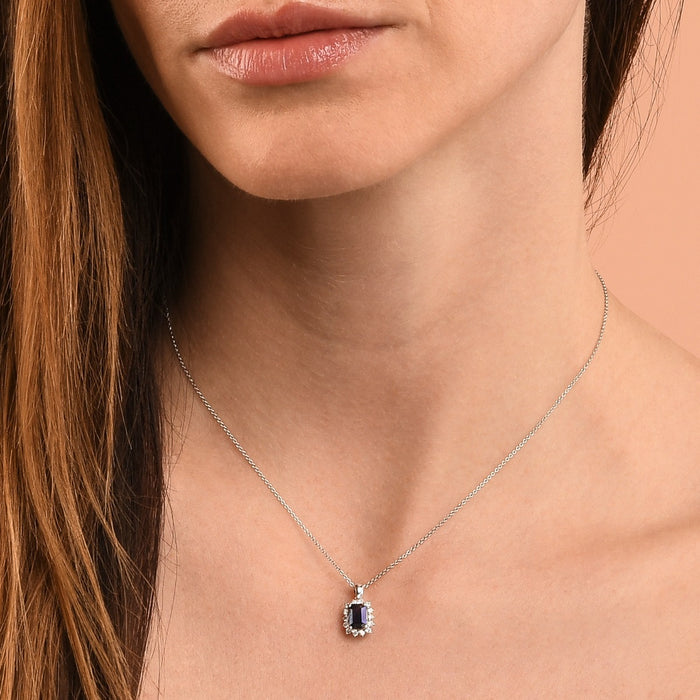 Sapphire Pendant Necklace with 0.22ct Diamonds 18K White Gold