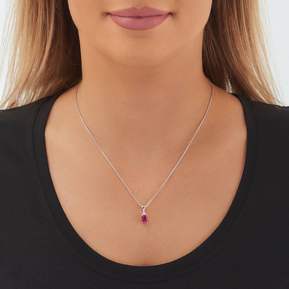 Ruby Pendant Necklace with 0.06ct Diamonds 18K White Gold