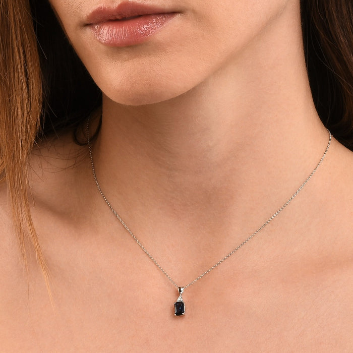 Sapphire Pendant Necklace with 0.06ct Diamonds 18K White Gold