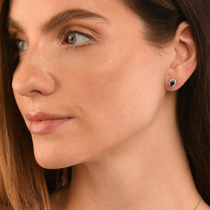 Oval Sapphire Stud Earrings with 0.18ct Diamonds 18K White Gold