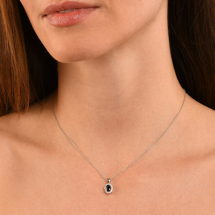 Sapphire Pendant Necklace with 0.14ct Diamonds 18K White Gold