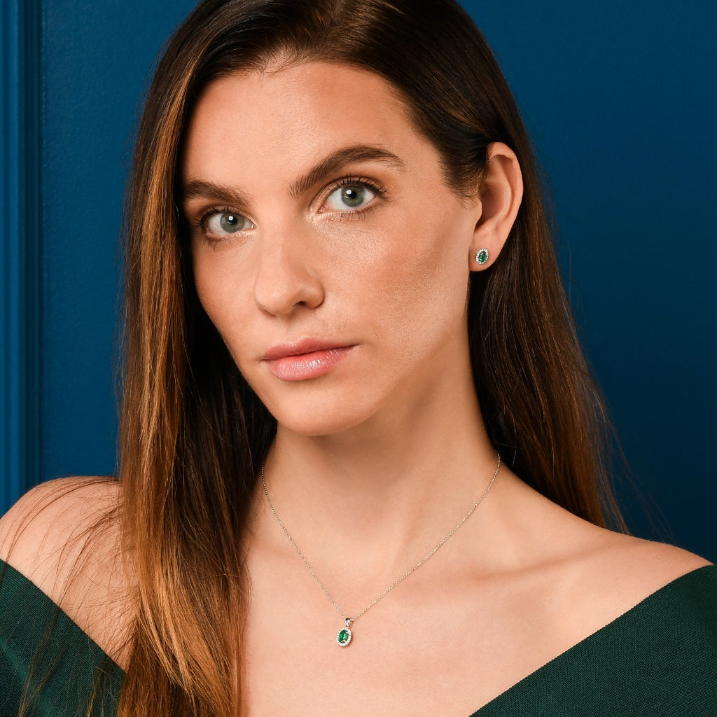 Oval Emerald Stud Earrings with 0.18ct Diamonds 18K White Gold