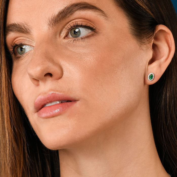 Oval Emerald Stud Earrings with 0.18ct Diamonds 18K White Gold