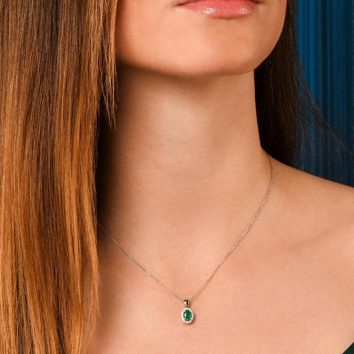 Emerald Pendant Necklace with 0.14ct Diamonds 18K White Gold