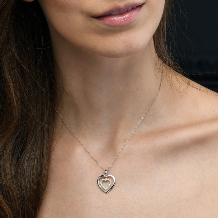 Twin Diamond Heart Pendant 0.23ct Diamond 18K White Gold
