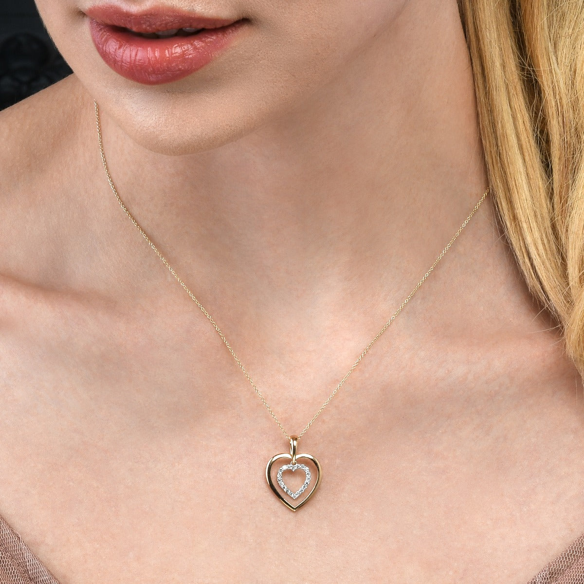 Twin Diamond Heart Pendant 0.23ct Diamond 9K Yellow Gold