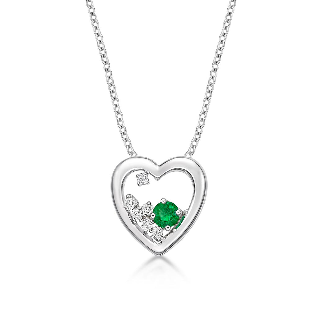 Heart Emerald Pendant Necklace with 0.07ct Diamonds 9K White Gold