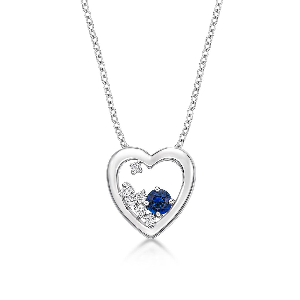 Heart Blue Sapphire Pendant Necklace with 0.07ct Diamonds 9K White Gold