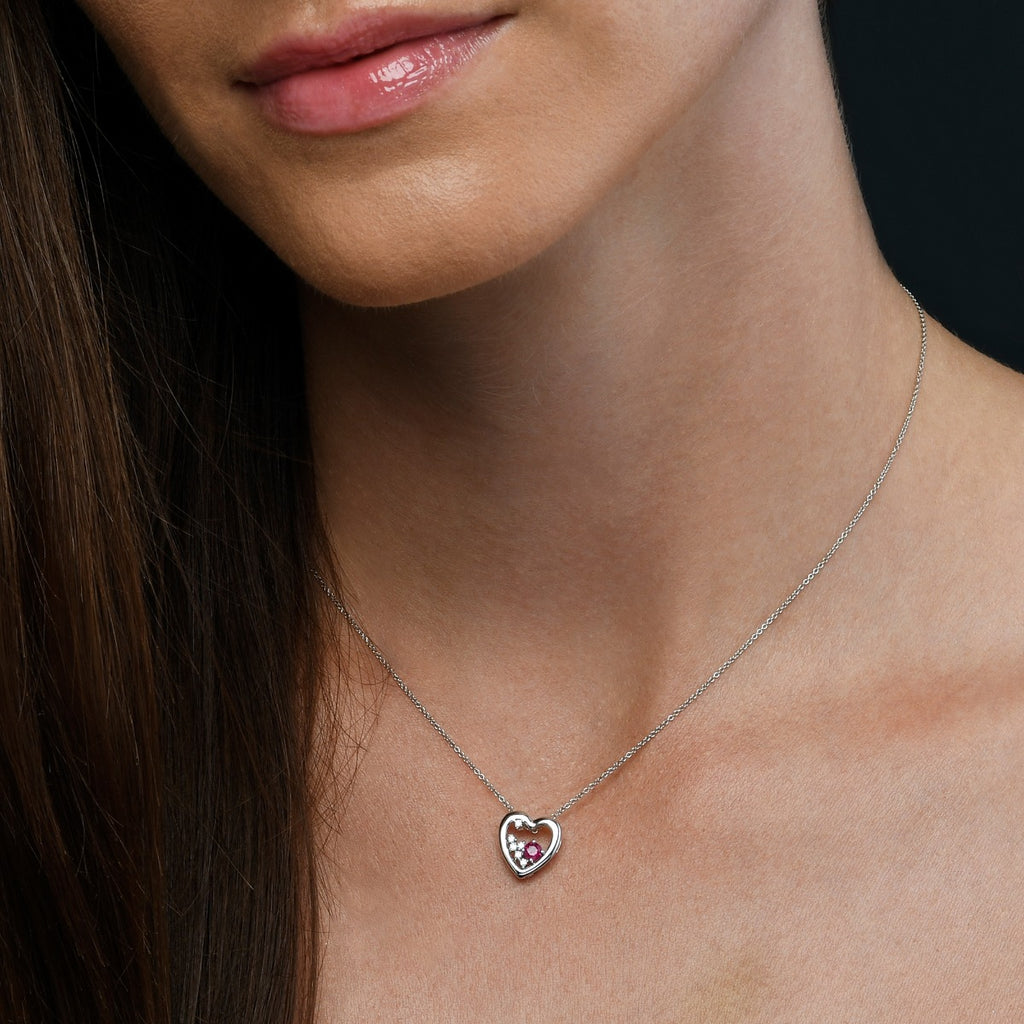 Heart Ruby Pendant Necklace with 0.07ct Diamonds 9K White Gold