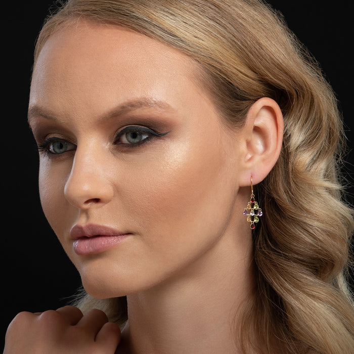 Multi Coloured Natural Gemstone Chandelier Earrings in 9K Yellow Gold