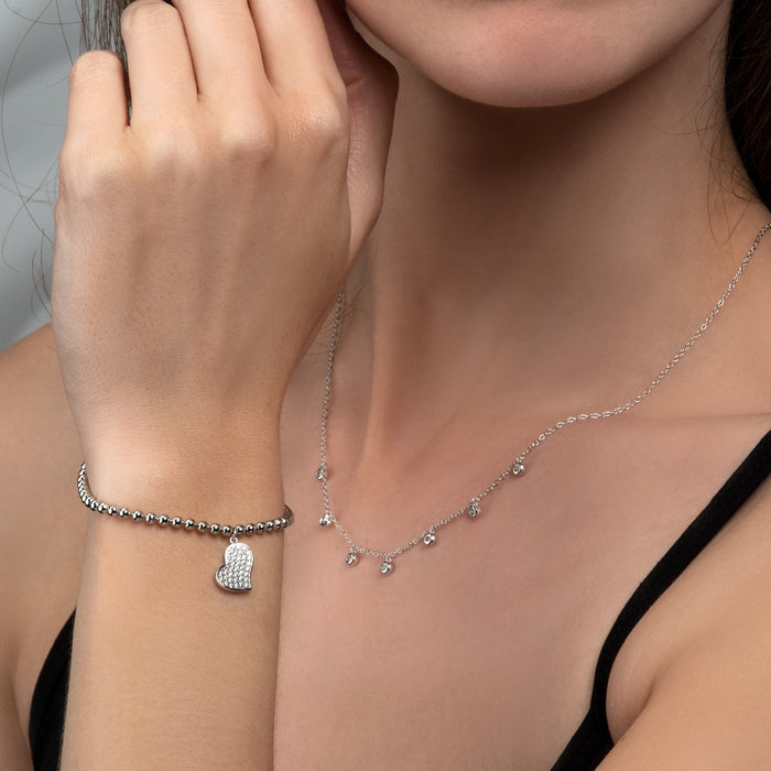 Sterling Silver Ball Bracelet Heart Shape Charm & White Cubic Zirconia