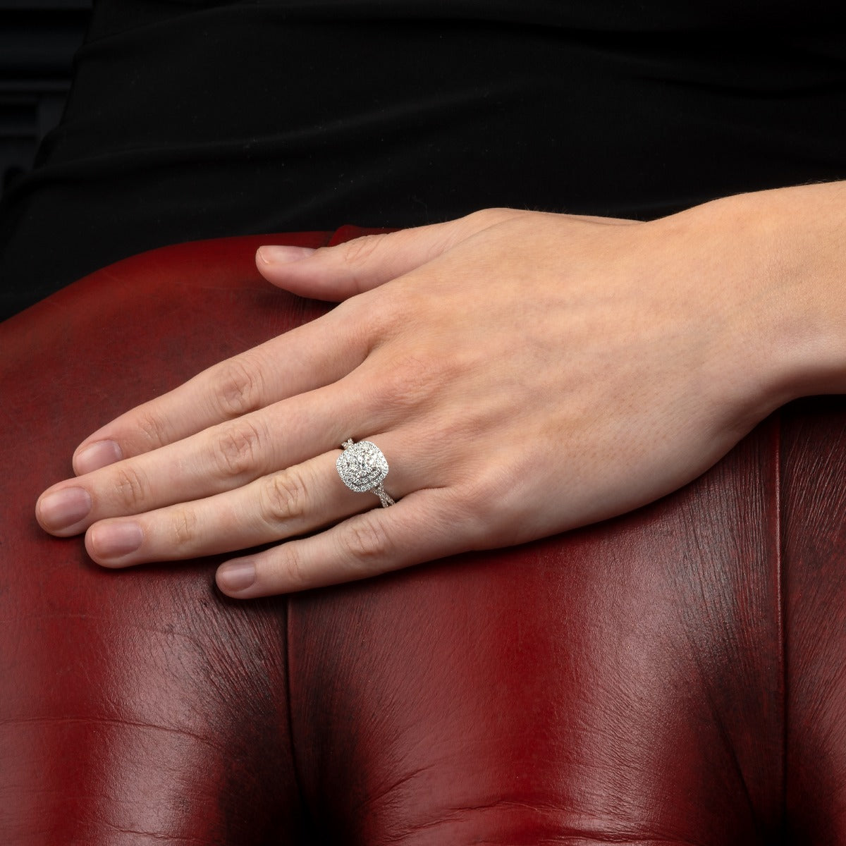 Large dress ring with diamonds in solid white gold
