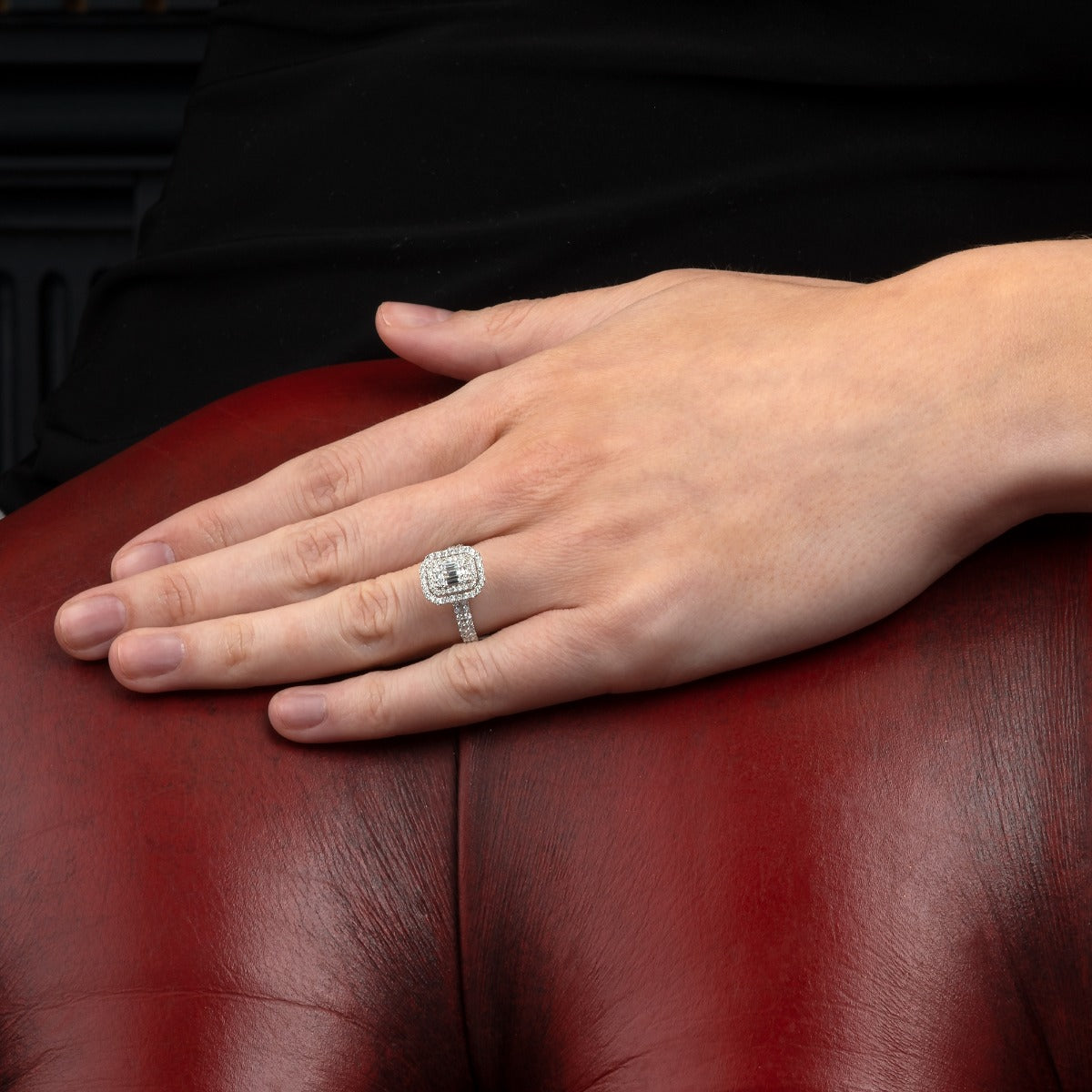 large emerald cut diamond dress ring in 18K white gold