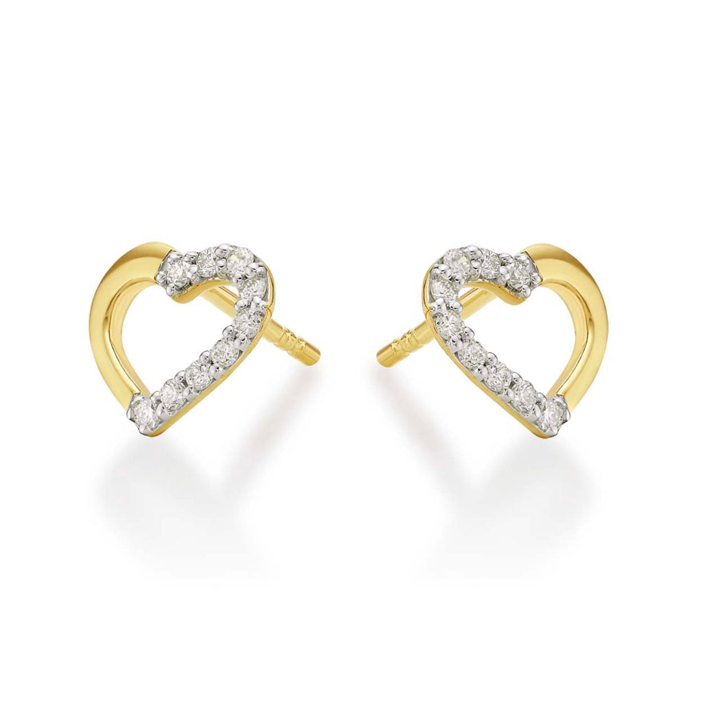 You & Me Diamond Heart Earrings 0.20ct Diamond Studs 9K Yellow Gold