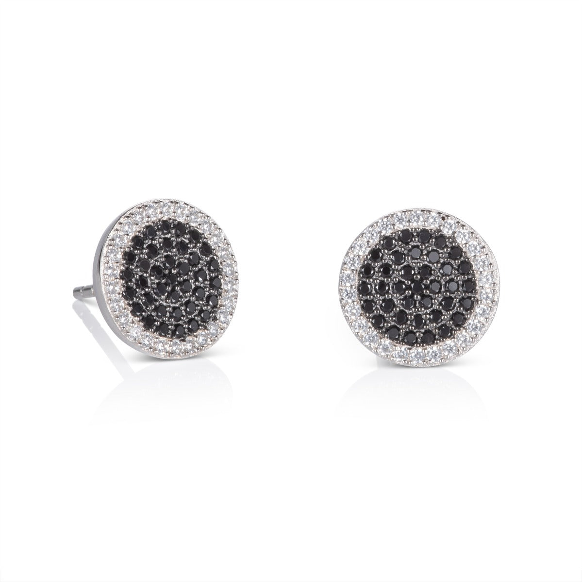 Round black disc stud earrings in 925 silver