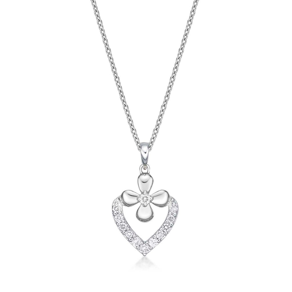 Flower Diamond Heart Pendant Necklace 0.23ct Diamond 9K White Gold