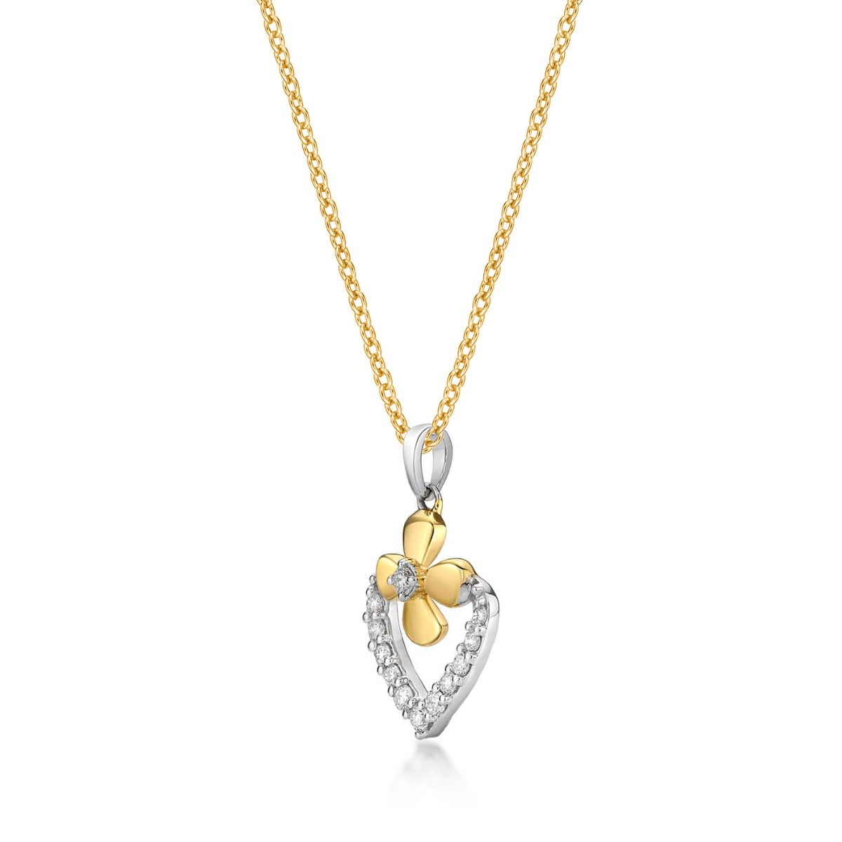 Diamond Flower Heart Pendant Necklace 0.23ct Diamond 9K Yellow Gold