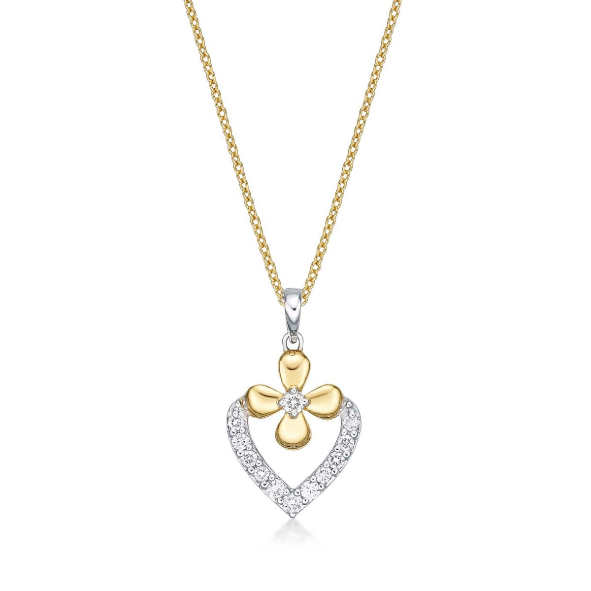 Flower Diamond Heart Pendant Necklace 0.23ct Diamond 9K Yellow Gold