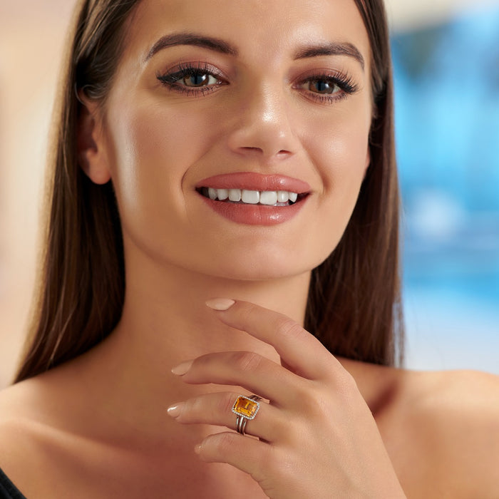 Emerald Cut 2.90ct Citrine & Diamond Ring in 18K White Gold