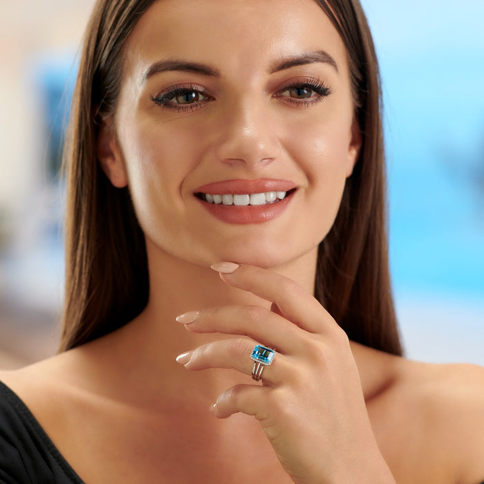 Emerald Cut 3.70ct Blue Topaz & Diamond Ring in 18K White Gold