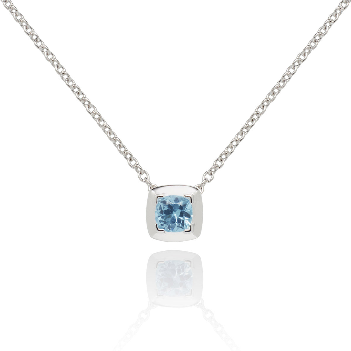 0.65ct Cushion Cut Swiss Blue Topaz Pendant Necklace In 18K White Gold