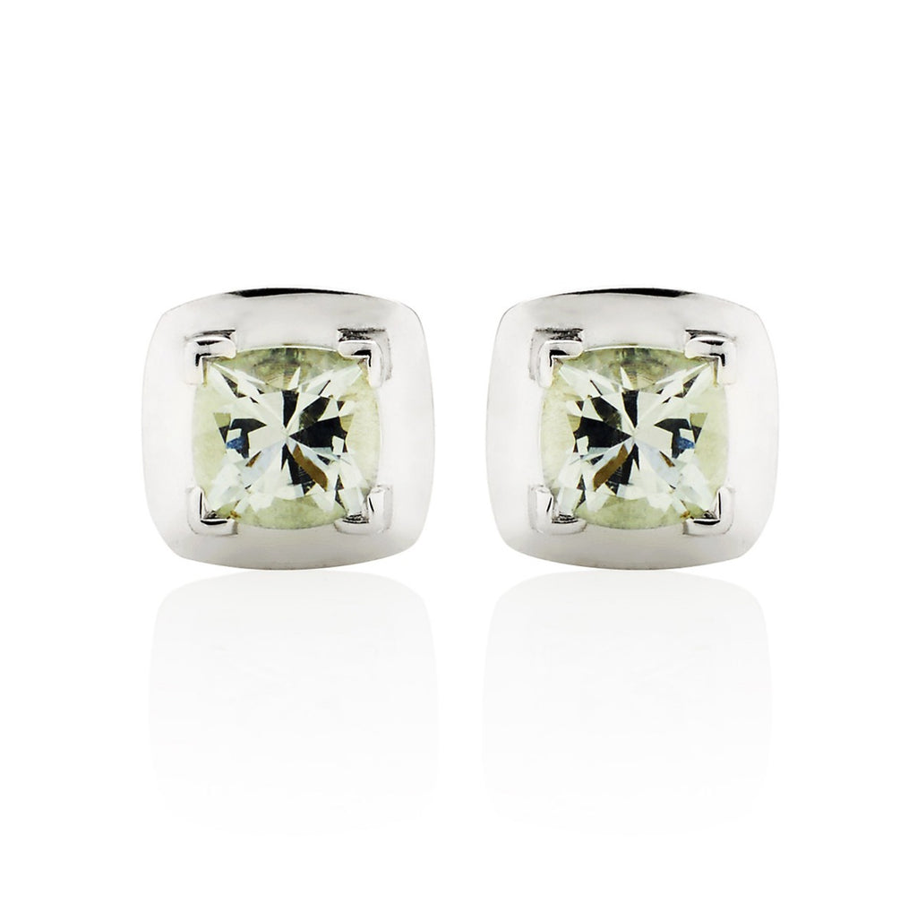 0.80ct Cushion Cut Green Amethyst Stud Earrings In 18K White Gold